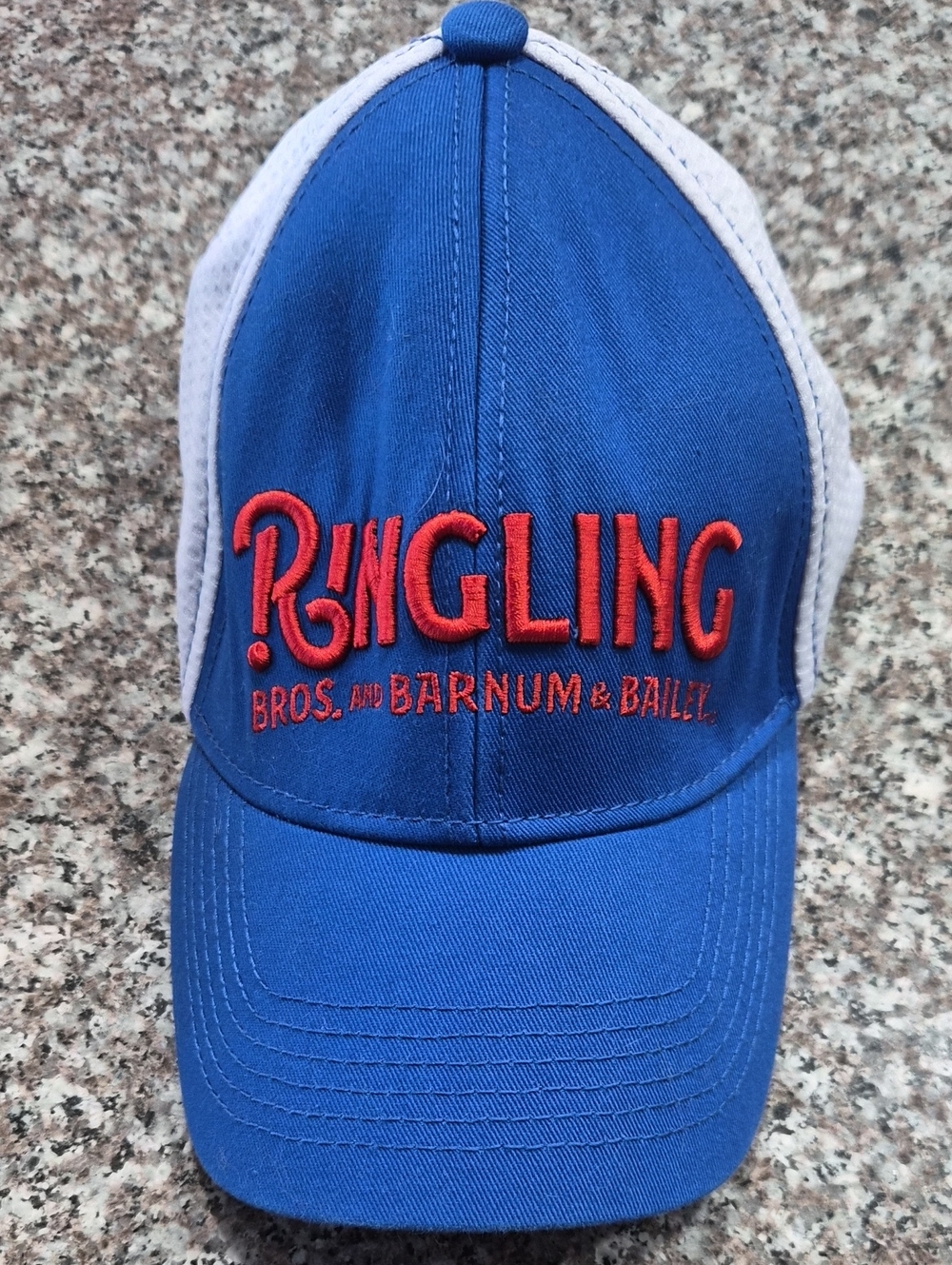Blue and White Mesh Trucker Hat with Red Embroidery